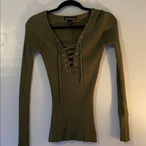 Rubbed Cotton Lace Up Front Long Sleeve Shirt